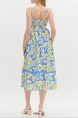 wallis floral print hollow midi dress in blue