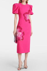 sequin flower Embellished puff sleeve Midi Dress in Pink