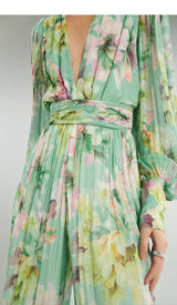 V Neck floral print chiffon maxi dress in green