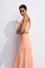 bonnie V-neck Embroidery Crop Top & Skirt Set in orange