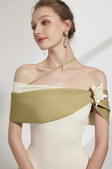 A-line Open Shoulder Cotton Crepe Midi Dress in beige