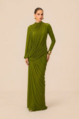 liz High Neck Asymmetric Drape ruched Maxi Dress in green