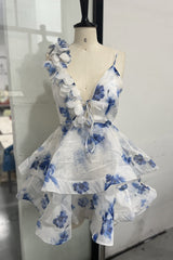 helen 3D Flower Chiffon Ruffle Mini Dress in blue