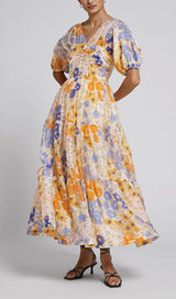 FLORAL PUFF SLEEVE V-NECK MAXI DRESS