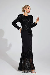 joanna Black long sleeve Embroidered Maxi Dress