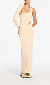 OFF-WHITE ONE-SLEEVE ELASTIC BANDAGE MIDRIFF-BARING MAXI DRESS