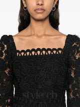 floral-motif hollow lace mini dress in black