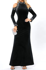 barbara sequin embellished long sleeve maxi dress in black