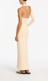 OFF-WHITE ONE-SLEEVE ELASTIC BANDAGE MIDRIFF-BARING MAXI DRESS