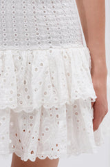 eyelet layered strapless mini dress in white