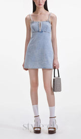 Light Blue Denim Pearl Mini Dress