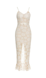 WHITE FLORAL EMBELLISHED LACE BODYCON MAXI DRESS