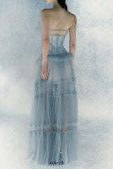 hermosa Lace splicing layer maxi dress in blue