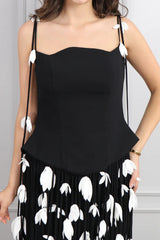 hilary black flower tassel strapless mini dress