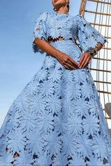 Lace Embroidered Top & Maxi Skirt Two-Piece Set in blue
