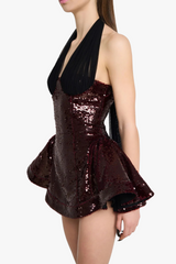 giselle sequin halter mini dress in merlot
