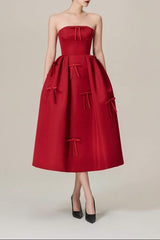 WINE RED STRAPLESS MIDI DRESS