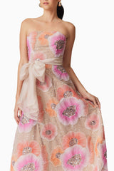 Strapless Flower Sequin Embellished Midi Dress