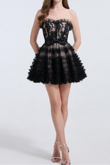 lorraine bow lace strapless puffy mini dress in black