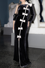 victoria Bow Cascade Velvet Maxi Dress in black