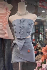 Bow Embellished Two-Piece Set In Blue