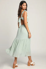 Mint Smocked Tie-Back Tiered Midi Dress
