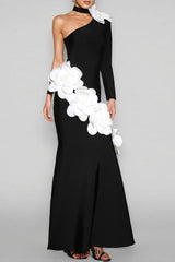gemma One Shoulder 3D Flower Bandage Maxi Dress in black
