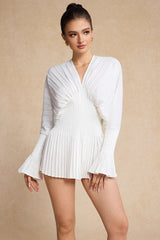 Pleated Bell Sleeve V-Neck Mini Dress in white