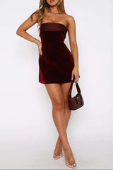maud Velvet Strapless bodycon Mini Dress in wine