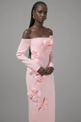 hilary Pink 3D Flower long sleeve strapless Midi Dress