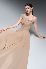 A-line Draped Chiffon maxi Dress in nude
