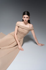 A-line Draped Chiffon maxi Dress in nude