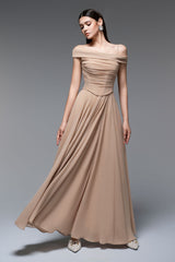 A-line Draped Chiffon maxi Dress in nude