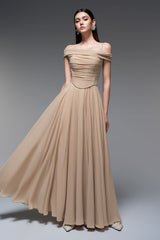 A-line Draped Chiffon maxi Dress in nude
