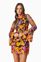 multi orange Flower embroidered long sleeves mini dress
