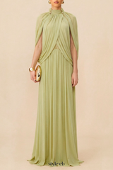 leona Green Draped Cape Sleeve Knit Maxi Dress