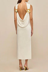 white sleeveless backless knit midi dress with two pleated golden embellishments