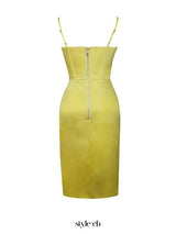 Lemon yellow pleated satin mini Dress
