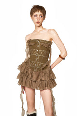 althea ruffle trim fish bones mini dress in brown