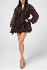 viola dark brown tie-neck bow mini shirt dress