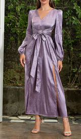 JACQUARD LANTERN SLEEVE SPLIT THIGH MAXI DRESS