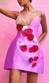 FLORAL EMBELLISHED PEARL STRAP MINI DRESS