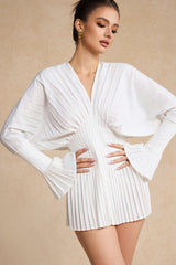 Pleated Bell Sleeve V-Neck Mini Dress in white