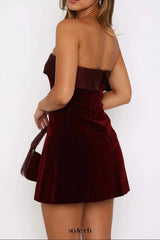 maud Velvet Strapless bodycon Mini Dress in wine