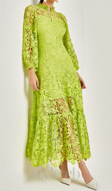 TARA GREEN LACE EMBROIDERED LONG SLEEVE MIDI DRESS