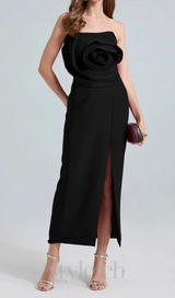 michelle 3d flower strapless midi dress in black