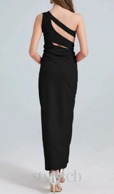 one-shoulder cutout side slit maxi dress in black
