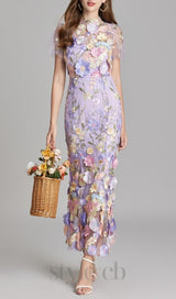 FLORAL EMBROIDERY MESH FISHTAIL MIDI DRESS IN PURPLE