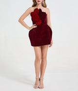 evangeline Strapless Heart Velvet Mini Dress in burgundy