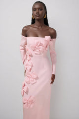 hilary Pink 3D Flower long sleeve strapless Midi Dress